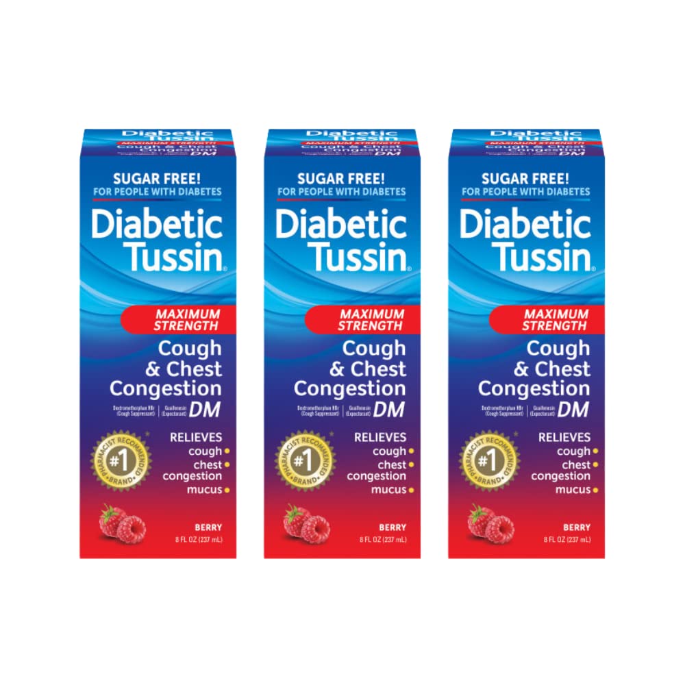 Diabetic Tussin DM Maximum Strength Cough Medicine with Chest Congestion Relief - 8 Fl oz - Liquid Cough Syrup, Safe for Diabetics, Berry Flavored (Pack of 3)