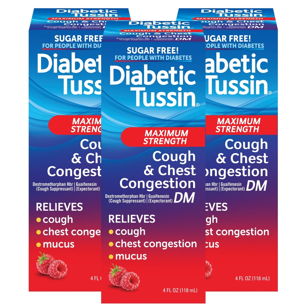 Diabetic Tussin DM Maximum Strength Cough Medicine for Adults, People with Diabetes – No Sugar, Dyes, Sodium, Fructose or Alcohol – Berry Flavored Cough Syrup, 4 Fl Oz, Pack of 3