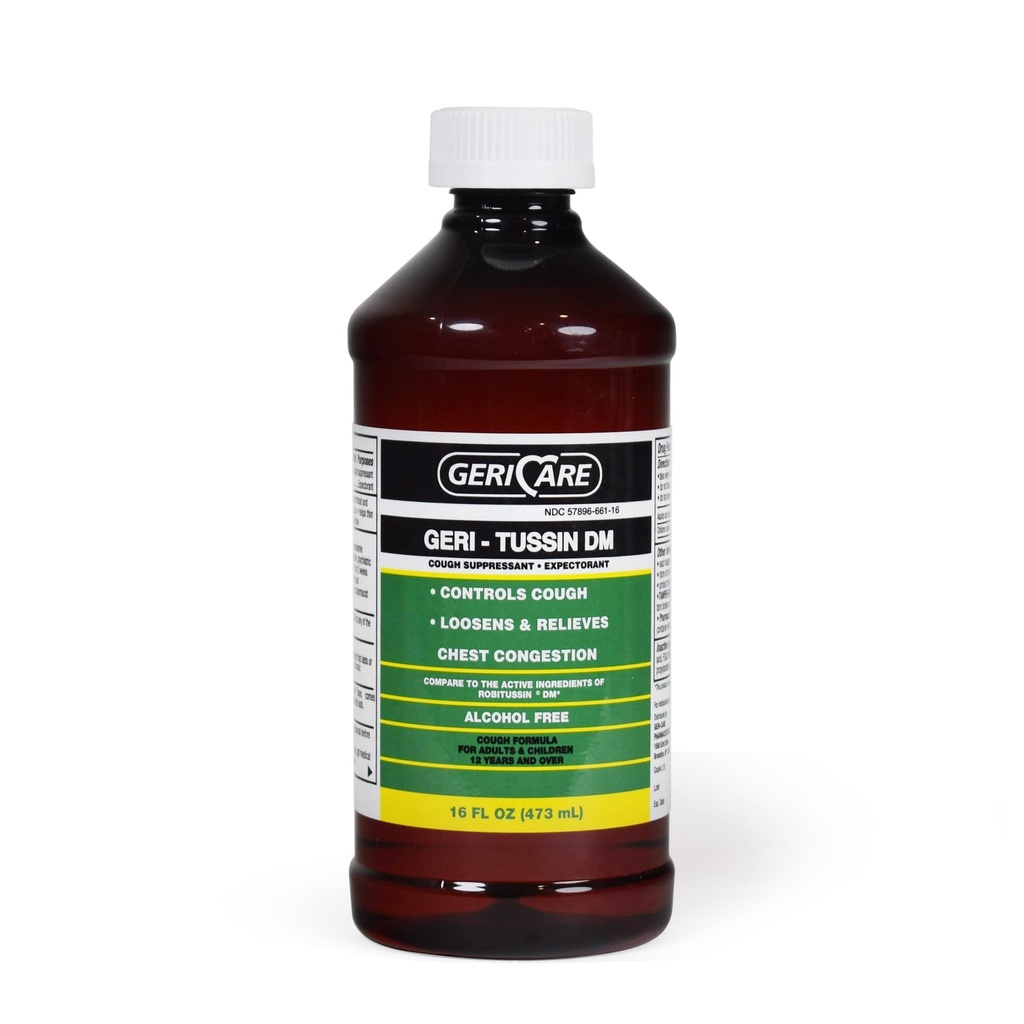 Geri-Tussin DM Liquid Cold Cough Syrup by GeriCare| 2-in-1 Maximum Strength Cough Suppressant Dextromethorphan & Expectorant Guaifenesin| Non-Drowsy Cough Relief Syrup & Chest Decongestant|16 Fl Oz