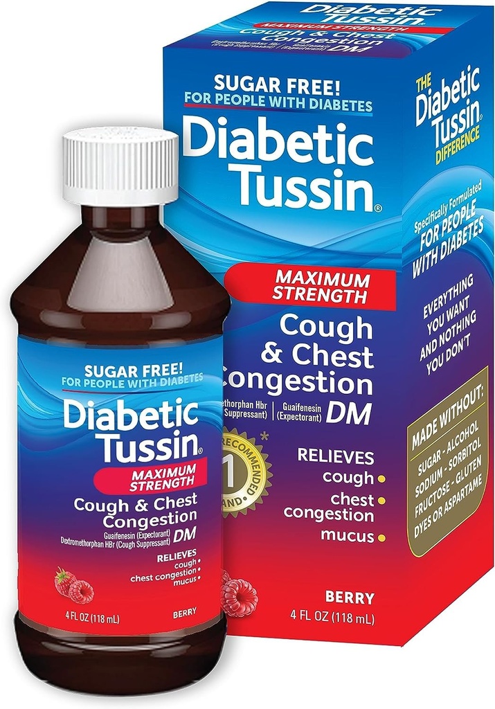 Diabetic Tussin DM Maximum Strength Cough Medicine with Chest Congestion Relief - 8 Fl oz - Liquid Cough Syrup, Safe for Diabetics, Berry Flavored (Pack of 2)