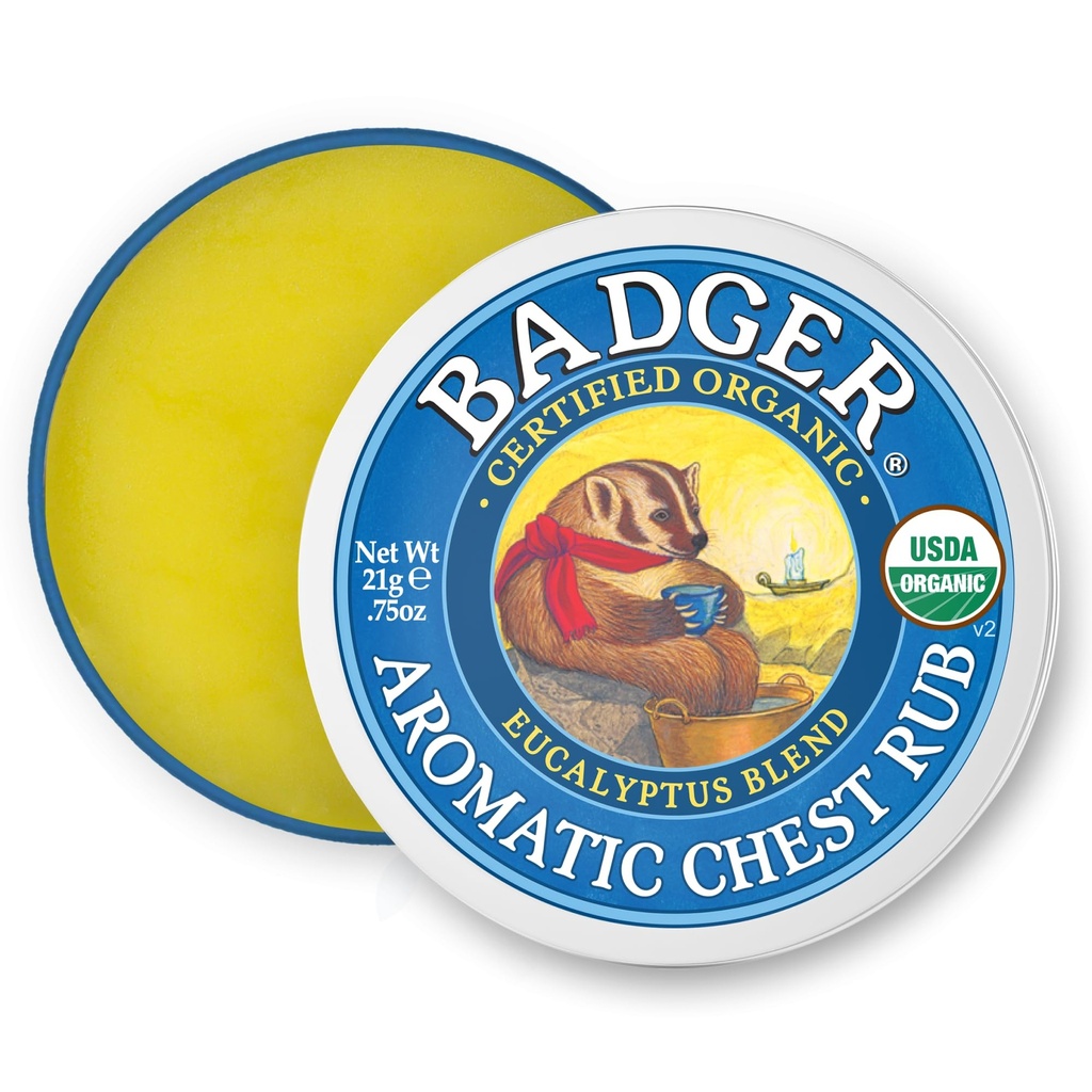 Badger Aromatic Chest Rub, 100% Organic Vaporub w/Eucalyptus & Lavender Essential Oils to Clear & Soothe, All-Natural Chest Congestion Relief for Adults & Kids, .75 oz Tin