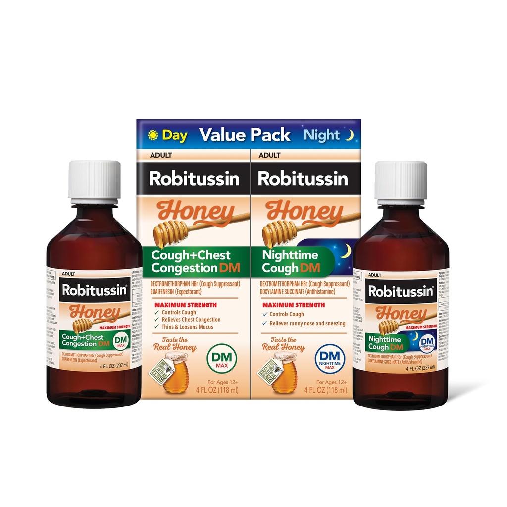 Robitussin Honey DM Max Cough Plus Chest Congestion and Robitussin Maximum Strength Honey Nighttime Cough DM, Adult Formulas - 2 x 4 Fl Oz Bottles