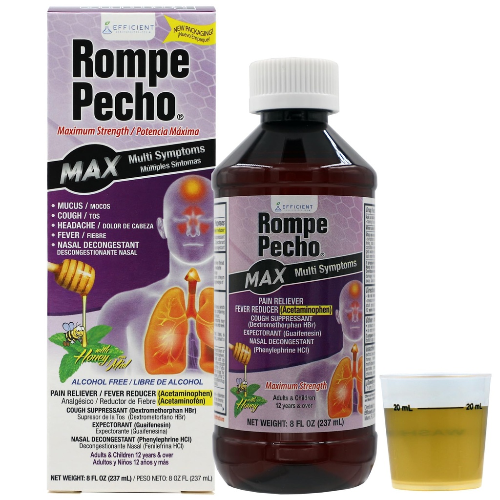 ROMPE PECHO MAX, Multisymptom Severe Cold and Flu Syrup, 8 FL Oz, Bottle (Pack of 1)