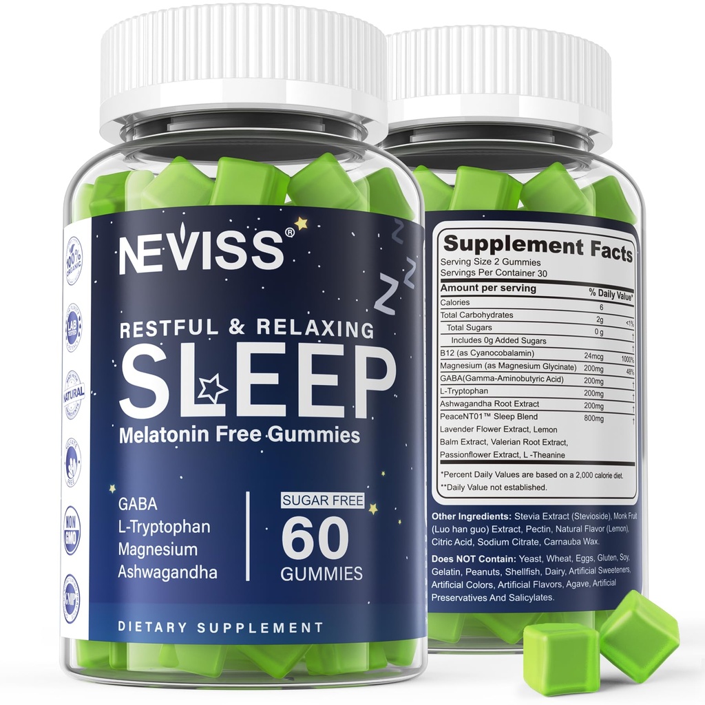NEVISS Μελατονίνη Δωρεάν βοήθεια ύπνου Gummies για ενήλικες - Μαγνήσιο Γλυκινικό Gummies 