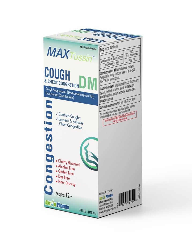MaxTussin™ Dextromethorphan HBr and Guaifenesin Liquid, Cough Suppressant and Chest Congestion Relief Syrup, Cherry Flavored, Non-Drowsy, Alcohol-Free, Ages 12+ - 4 oz