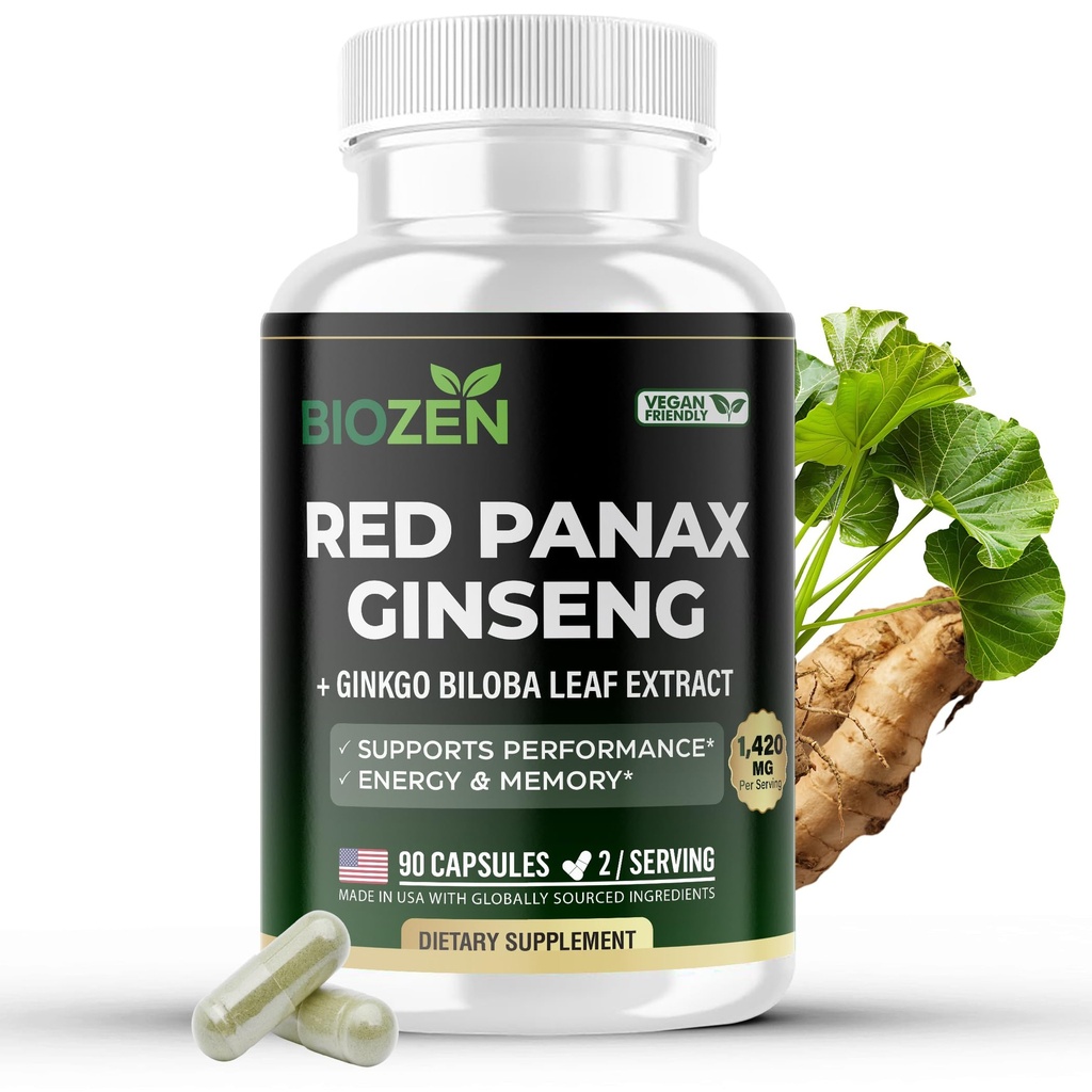 Korean Red Panax Ginseng + Ginkgo Biloba for Man & Women - Extra Strength 7% Ginsenosides for Energy, Focus, Performance, Vitality & Immune Support - Authentic Korean Red Ginseng Root Extract