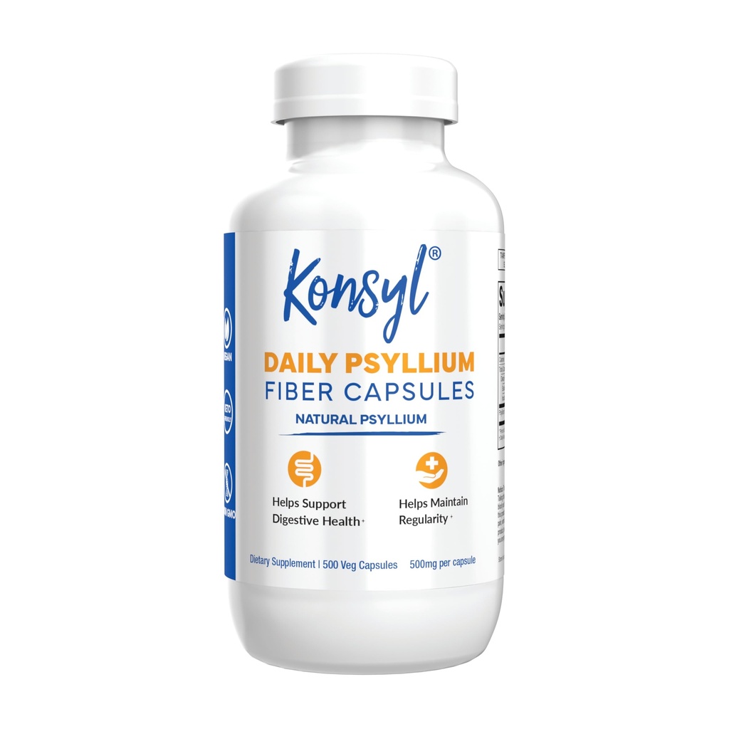 Konsyl Daily Psyllium Fiber Capsules (500 Count) Natural Unflavored Soluble Dietary Fiber Supplement - 1500mg Psyllium Husk Prebiotic for Digestive Support and Gut Health - Sugar Free, Keto & Vegan