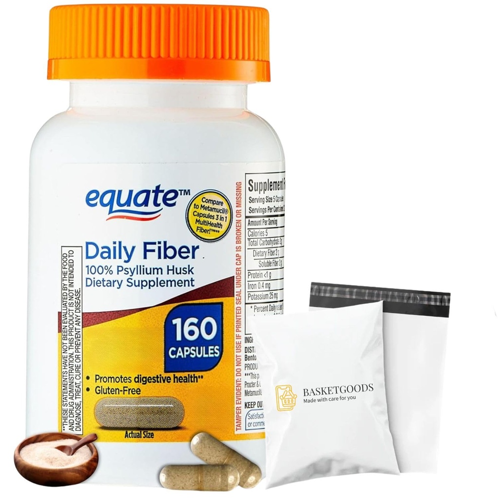 Equate Daily Fiber - Psyllium Husk Capsules 160ct (Pack of 1) - Supplement for Regularity & Digestive Support, Set by Basket Goods