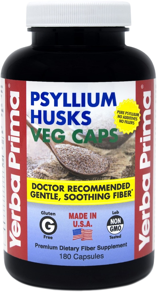 Yerba Prima Psyllium Husks, 180 Veg Capsules (625mg) - Vegan, Non-GMO, Gluten Free, Colon Cleanser, Daily Fiber Supplement for Gut Health & Regularity