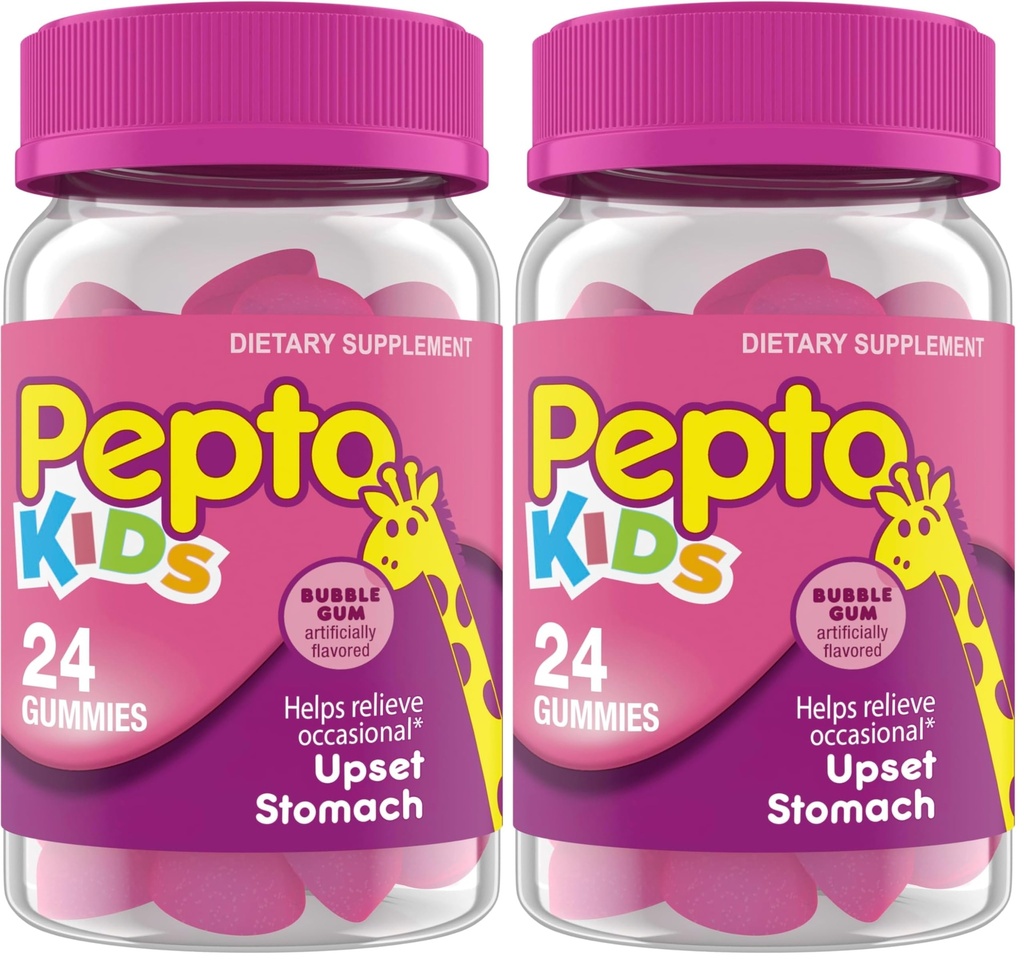 Pepto Kids Gummies, Helps Relieve Occasional Upset Stomach, Acid Indigestion, Sour Stomach and Heartburn, 24 Gummies,(Pack of 2)