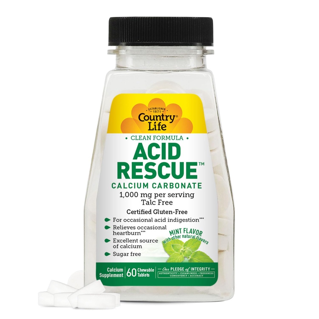 Country Life Acid Rescue Chewable Tablets - Certified Vegan & Gluten-Free Heartburn Relief, 400mg Calcium & Magnesium, Non-GMO, Sugar-Free Mint Flavor, Supports Bone Health, 60 Count