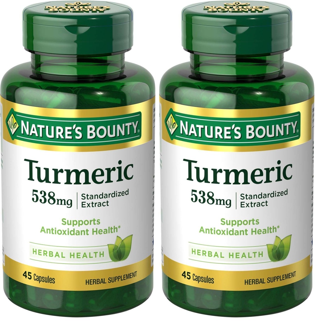 Nature's Bounty Turmeric Pills and Herbal Health Supplement, Supports, Antioxidant Health, 538mg, 45 Capsules (Pack of 2)