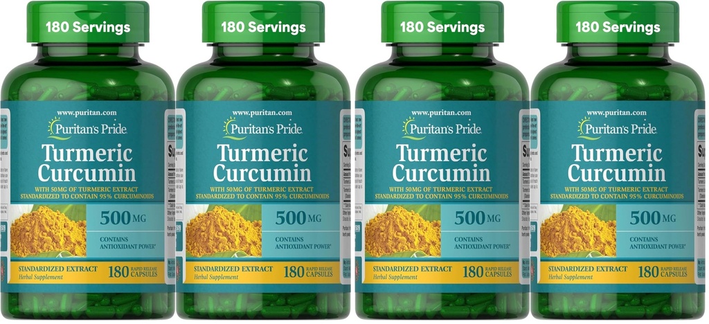 Puritan's Pride Turmeric Curcumin 500mg, Standarized to 95% Cucuminoids, Herbal Dietary Supplement for Antioxidant Health, 180 Radpid Release Capsules,(Pack of 4)