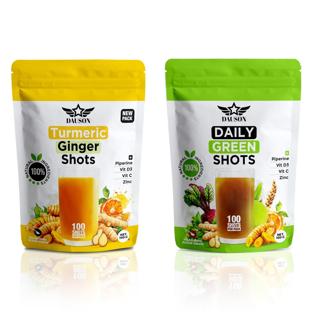 Turmeric Ginger Daily Green Shots – 100 Servings – Blend with Piperine, Wheatgrass, Matcha, Beetroot, Ashwagandha, Turmeric, Ginger, Prebiotics, Vitamin C, D3 & Zinc | Vegan Superfood Wellness Powder