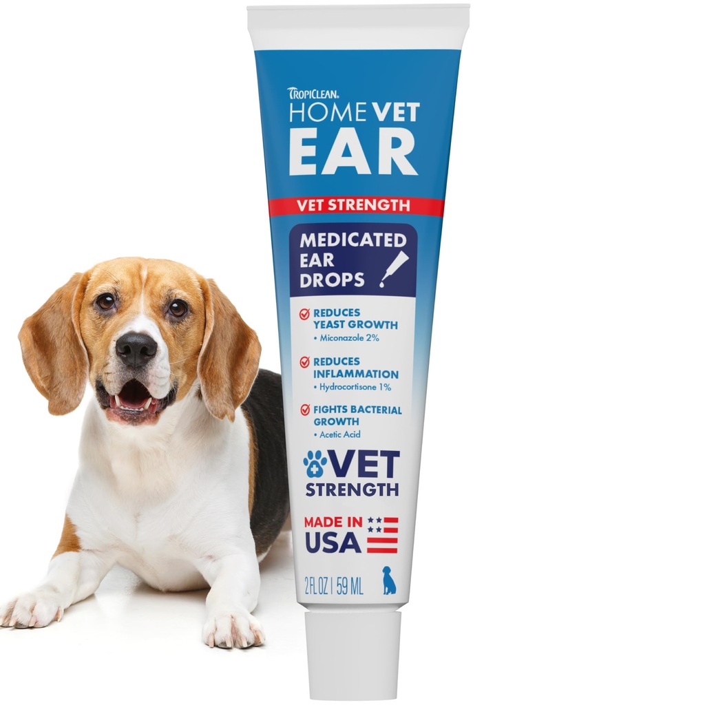 TropiClean HomeVet Medicated Ear Drops for Dogs, Vet Recommended Yeast & Fungal Treatment, Daily Dog Ear Cleaner, USA Made, 2 oz
