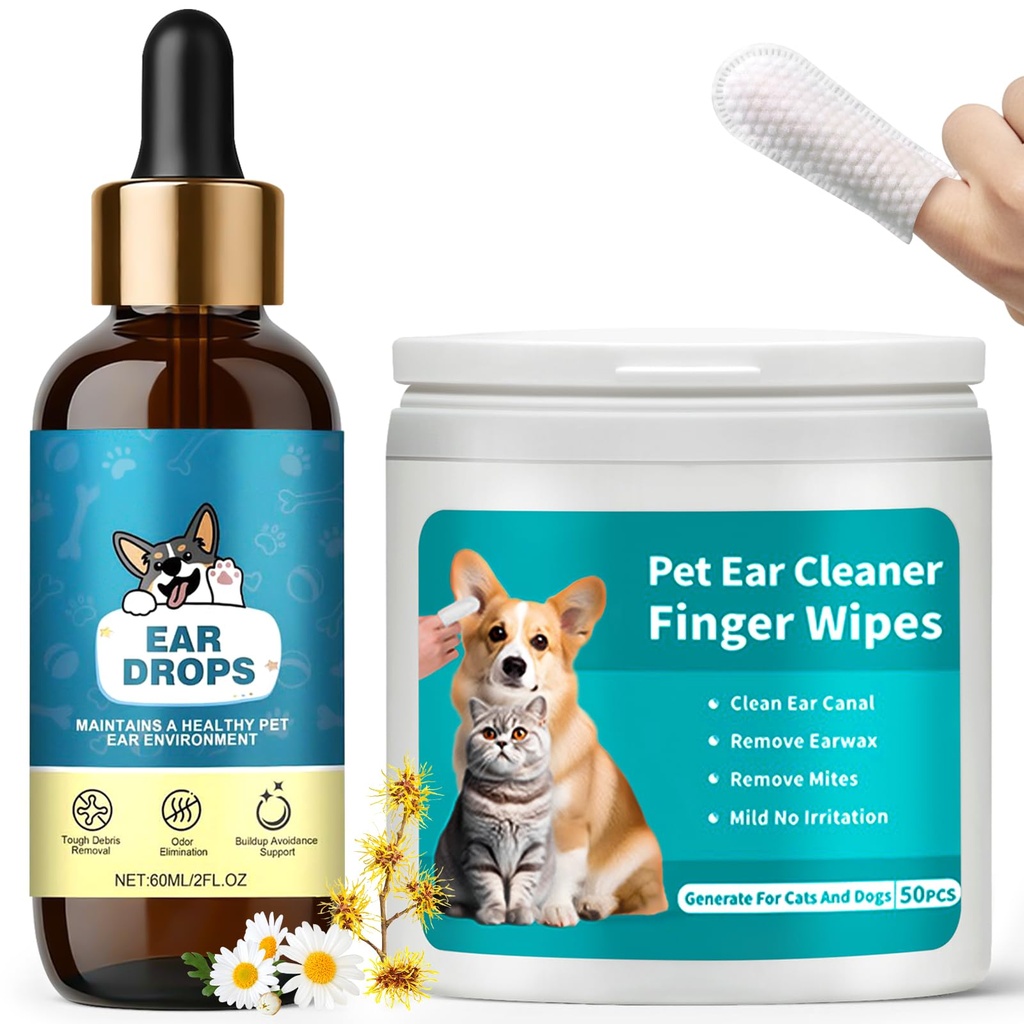 Dog Ear Cleaner with 50 Ear Finger Wipes for Dogs & Cats – Gentle Herbal Ear Drops for Wax & Odor, Chamomile & Witch Hazel for Sensitive Ears, Daily Ear Care Kit, 2oz