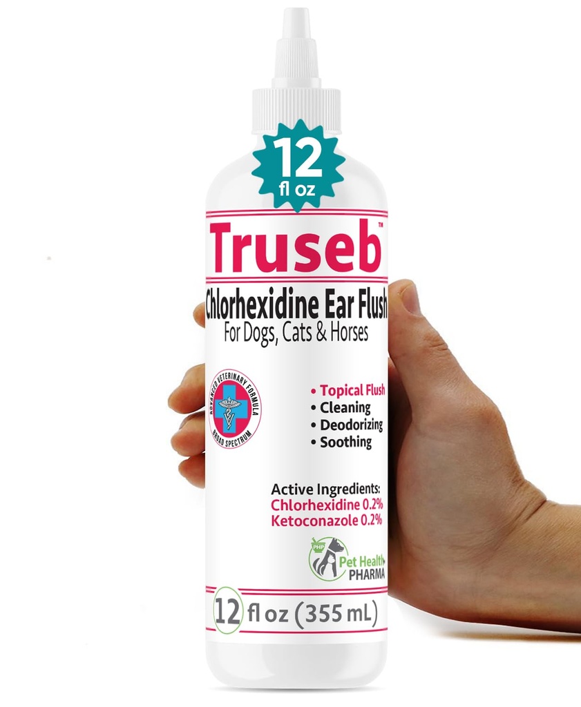 Truseb Maximum Strength Dog Ear Infection Treatment Flush, Cat & Dog Ear Cleaner Solution Medicated with Chlorhexidine & Ketoconazole Helps with Ear Itching Redness Swelling (12 oz)