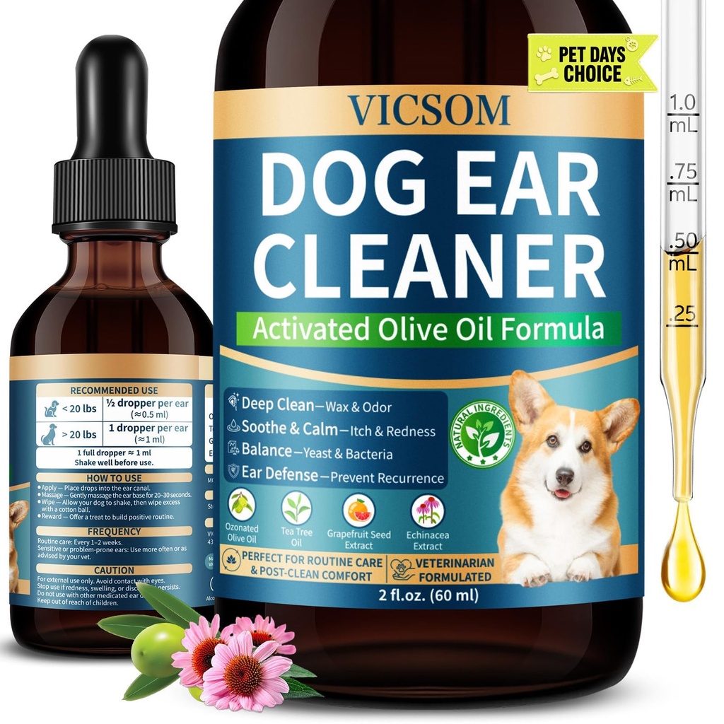 VICSOM Dog Ear Infection Treatment Drops, Natural Dog Ear Cleaner Ear Drops for Itch Relief, Support Wax, Odor & Yeast Infection, Dog Ear Cleaning Solution with Ozonated Olive Oil, 60ml