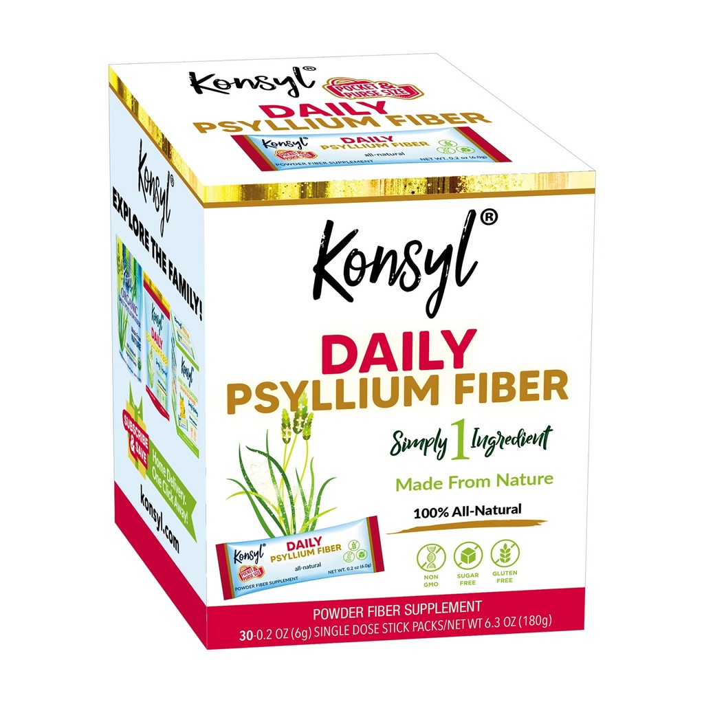 Konsyl Daily Psyllium Fiber Powder - 5g Sticks, 30 Pack - Natural Unflavored Soluble Dietary Fiber Supplement - Psyllium Husk Prebiotic for Digestive Support and Gut Health - Sugar Free, Keto & Vegan