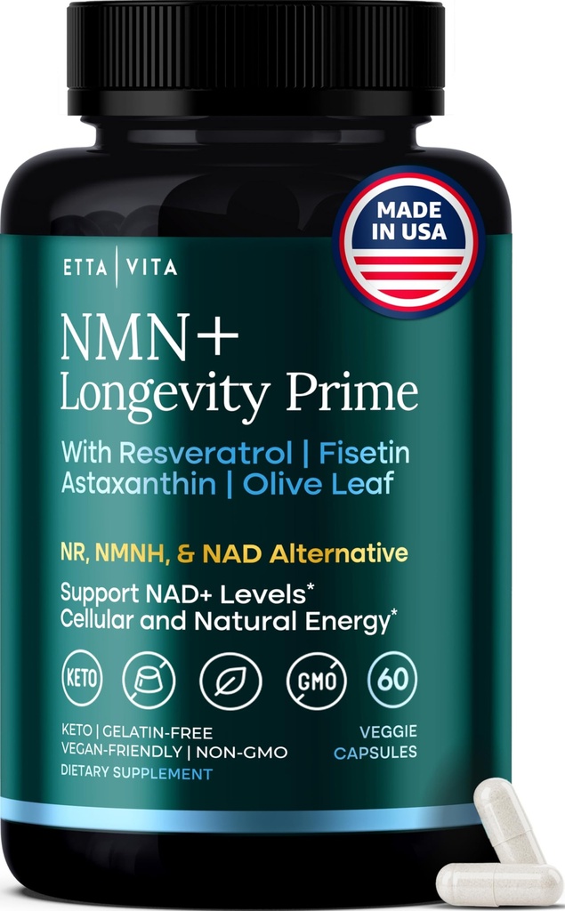 NMN Supplement (5-in-1) NAD+ Booster with Resveratrol - Cellular Energy, Focus & Healthy Aging Support for Men and Women - Mitochondria Formula w Fisetin, Astaxanthin, Olive Leaf, Vegan, Made in USA