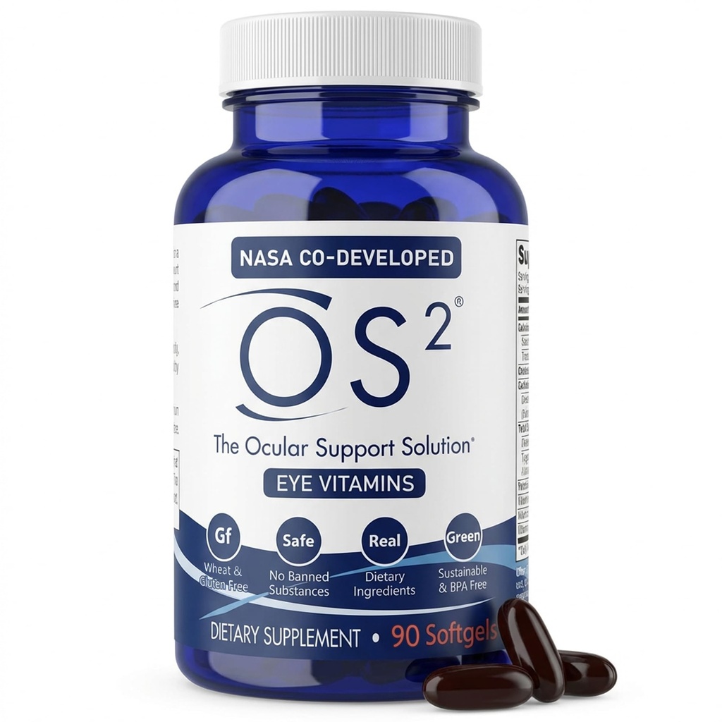 OS2 Ocular Support Solution - Patented Eye Vitamins for Macular Health, Dry Eye and Blue Light - Lutein, Zeaxanthin, Omega 3, Astaxanthin and AREDS2 Supplements, Co-Developed by NASA, 90 ct