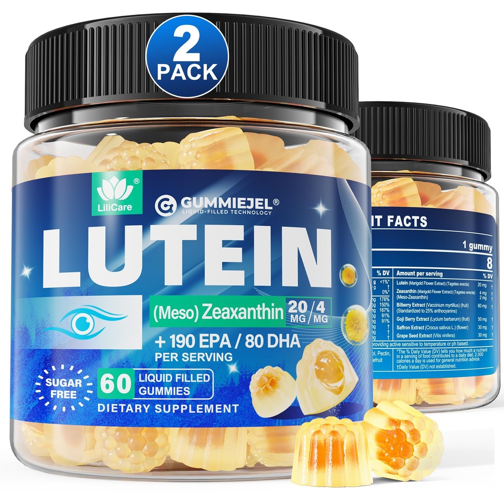 2 Pack Sugar Free Lutein 20mg 40mg and Zeaxanthin Gummies for Eyes with EPA 190mg & DHA 80mg, Eye Vitamins Filled Gummies Plus Bilberry, Goji Berry & Saffron, Eye Health Supplements for Adults - Vegan