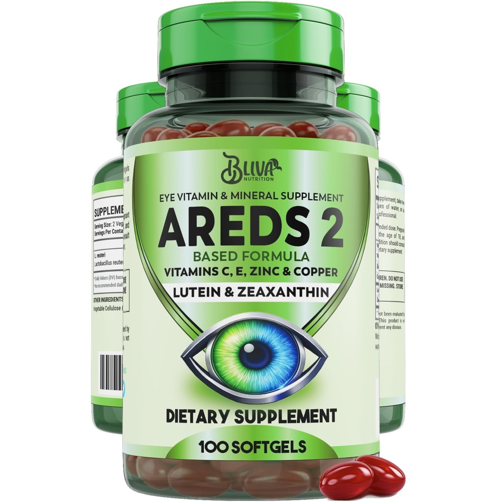 BLIVA AREDS 2 Eye Vitamins & Mineral Supplement - Lutein and Zeaxanthin, Vitamin C & E, Zinc & Copper - Healthy Eye Support Supplements - 100 Softgels