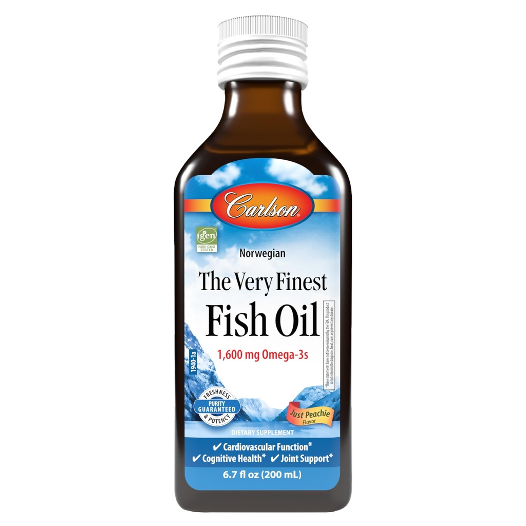Carlson - The Very Finest Fish Oil, 1600 mg Omega-3s, Liquid Fish Oil Supplement, Norwegian Fish Oil, Wild-Caught, Sust Soured Fish Oil Liquid, Just Peachie, 200 mL (6.7 Fl Oz)
