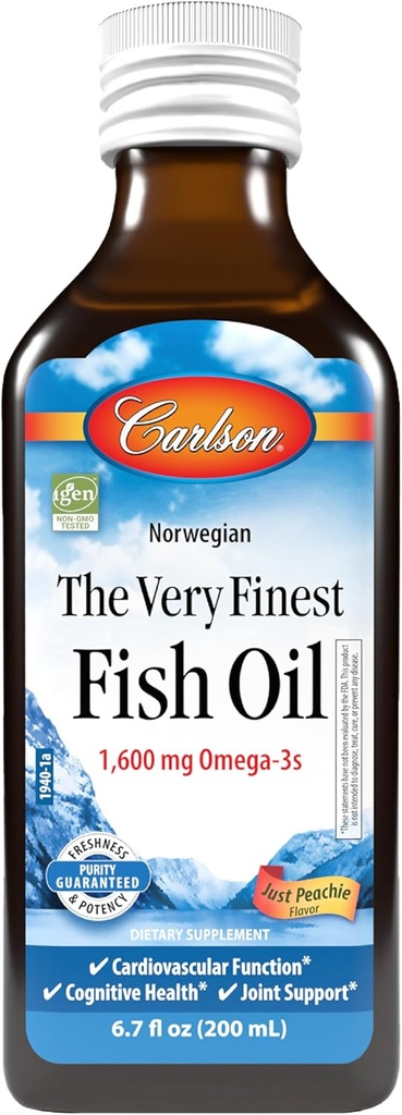Carlson - The Very Finest Fish Oil, 1600 mg Omega-3s, Liquid Fish Oil Supplement, Norwegian Fish Oil, Wild-Caught, Sust Soured Fish Oil Liquid, Just Peachie, 200 mL (6.7 Fl Oz)