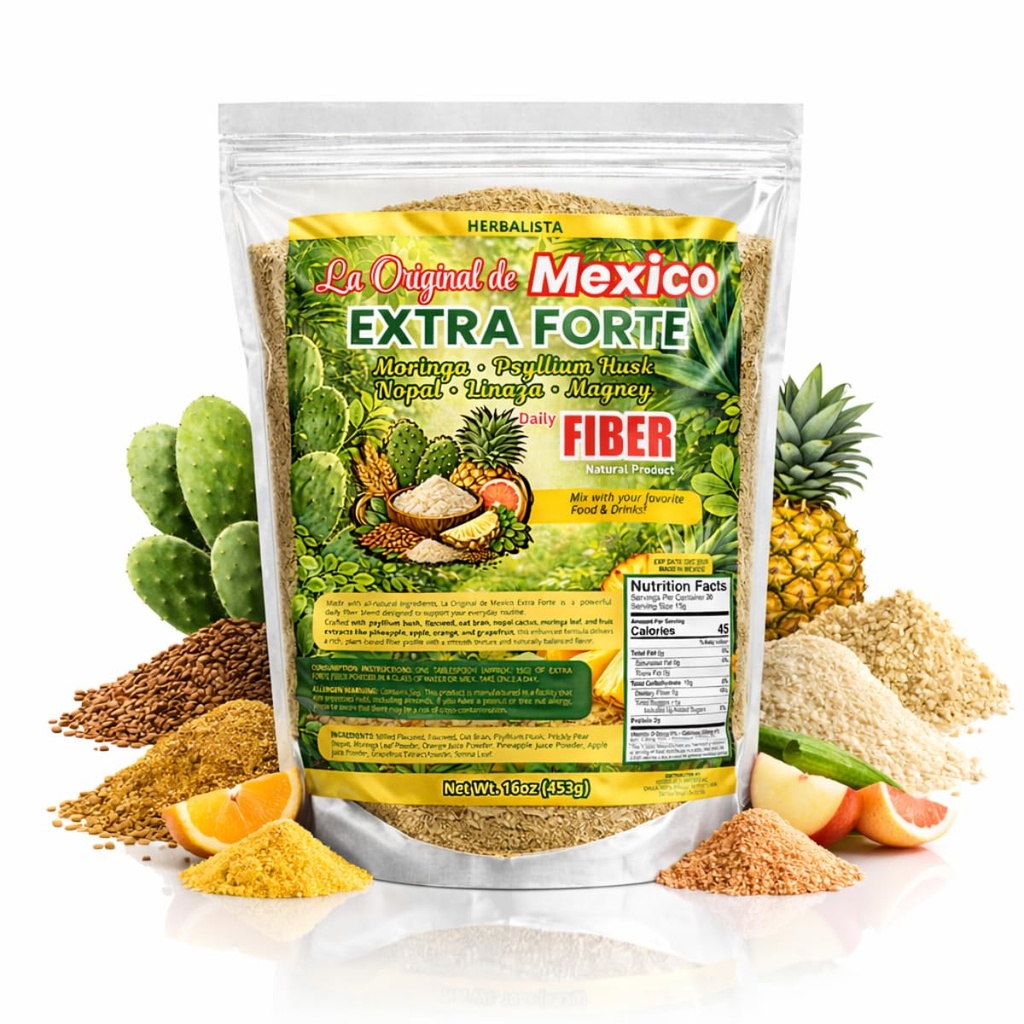 HERBALISTA La Original de Mexico Extra Forte Daily Fiber 16oz (454g), Moringa, Psyllium Husk, Nopal, Flaxseed (Linaza) & Agave Blend, Plant-Based Fiber Powder, Easy to Mix