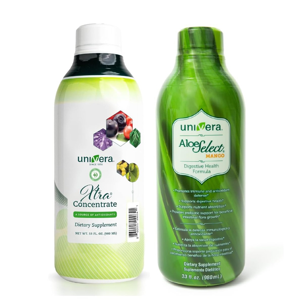 Univera Perfect Combo - Xtra Concentrate & Aloe Select Mango, Boost Immune, Digestive Enzymes for Gut Health, Vital Energy, Stress Management, Focus and Clarity