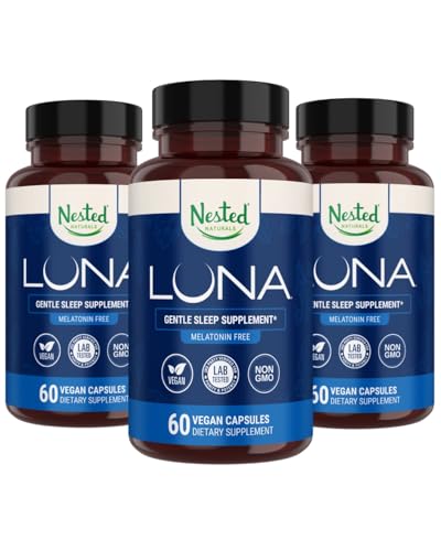 Φωλιασμένα φυσικά Luna Melatonin Δωρεάν, μη-Habit Forming βοτανικό συμπλήρωμα ύπνου w/Χαμομήλι, Βαλεριάνα, L-Θεανίνη, 180 κάψουλες Vegan (60 κάψουλες ανά φιάλη)