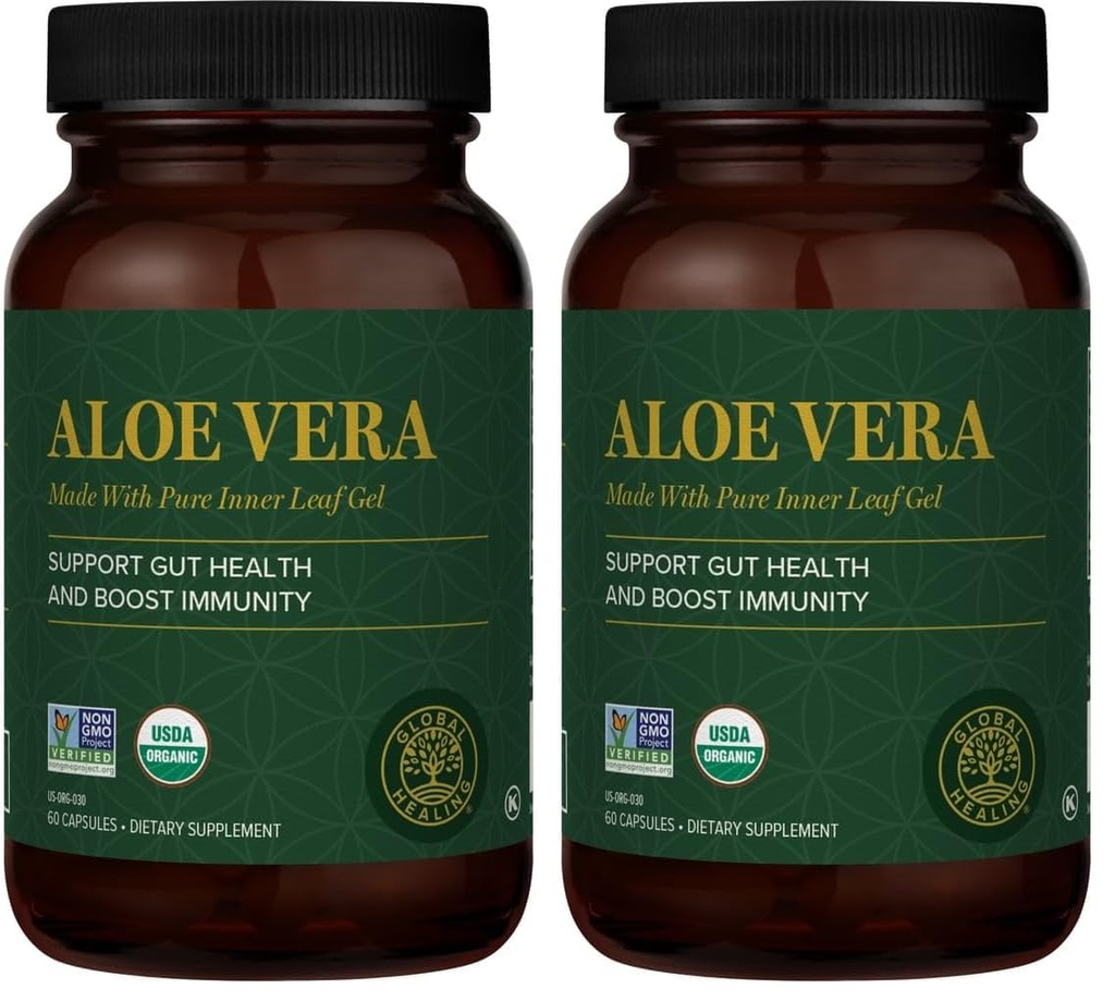 Global Healing Aloe Vera Bio-Active Organic Leaf Supplement - 200x Concentrate Formula with Highest Concentration of Acemannan - Aloin-Free - Gut Health & Immune Support - 60 Capsules (Pack of 2)