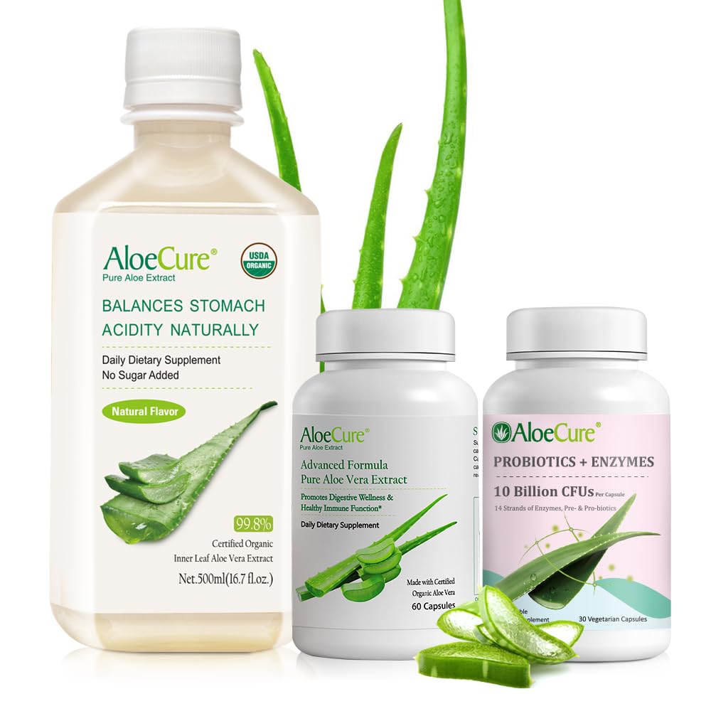 AloeCure Organic Aloe Vera Digestion Pack - 3 Pieces - Natural Flavor Juice, Aloe Vera Capsules, Probiotics + Enzymes
