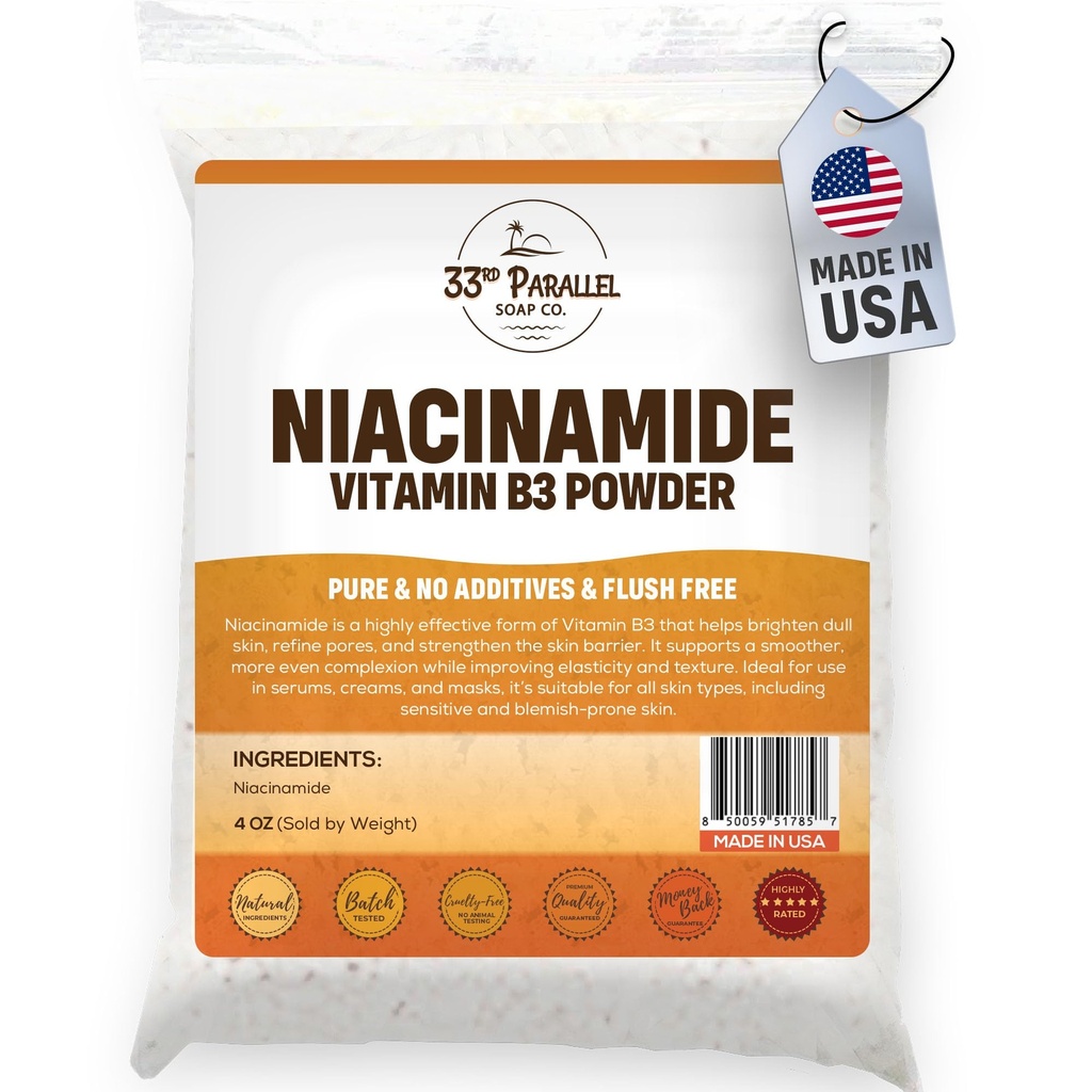 Niacinamide Powder Vitamin B3 (4oz) Brightens Skin, Reduces Dark Spots, Boosts Collagen & Hydration for Serums, Creams, Toners & DIY Skincare | 4 Ounces