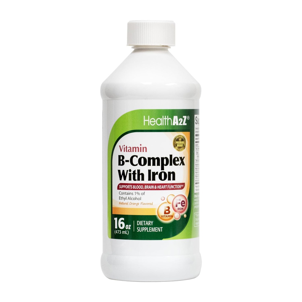 HealthA2Z® Liquid Vitamin B-Complex Plus Iron, Supports Healthy Energy Levels*, Healthy Blood Function*, Promotes Healthy Nerve Function*, Natural Orange Flavored, 16oz (473ml)