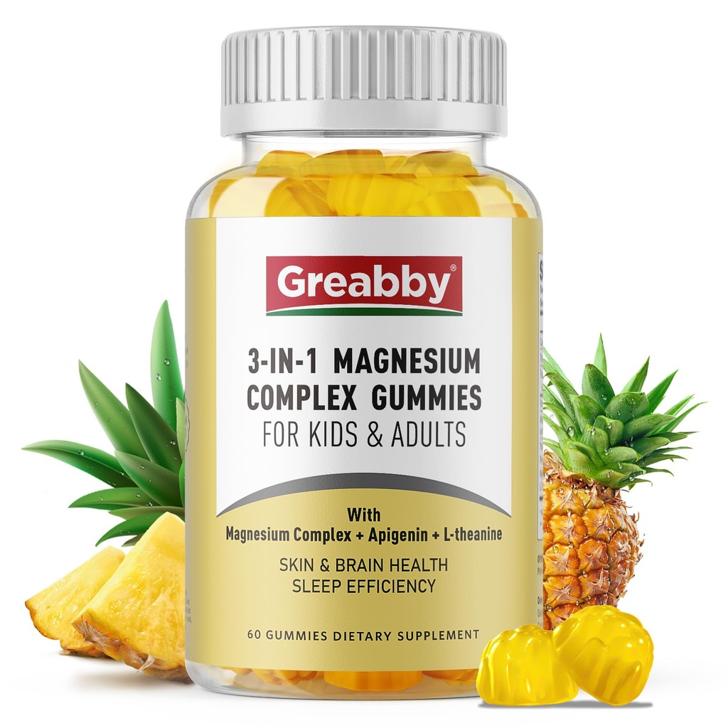 Triple Magnesium Complex Gummies - 800mg Μαγνήσιο Γλυκινικό & Κιτρικό, Απιγενίνη & L-Θεανίνη, για Παιδιά & Ενήλικες, Φυσικά Κοιμώμενο & Μυϊκά Κραμπ (60 Count)