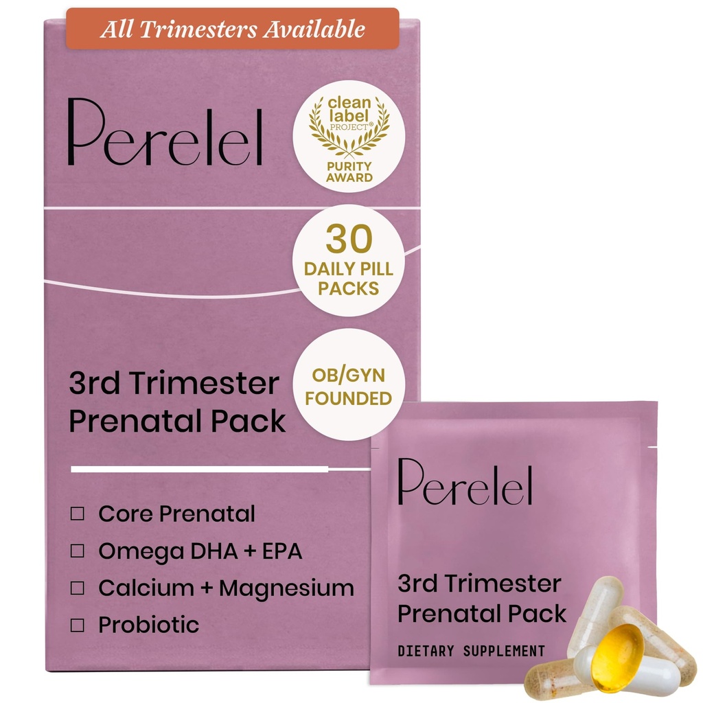 Perelel 3rd Trimester Prenatal Pack, Multivitamin with Magnesium, Omega 3, Probiotics & Calcium, Nutritional Support for Third Trimester Wellness, Soy & Gluten Free, Non GMO, 30 Daily Pill Packs