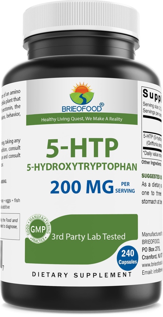 Brieofood 5-HTP 200mg ανά Σερβίρισμα - 240 Κάψουλες - 5-Υδροξυθρυπτοφάνη για Υγιεινή Χαλάρωση - 3ο Εργαστήριο Κόμμα Δοκιμασμένο