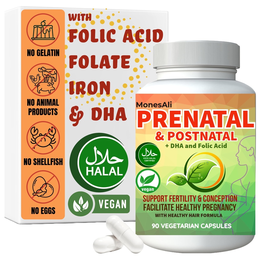 Prenatal Vitamins for Women | Postnatal | Vegan, Halal Gelatin Free | with Folate, Iron & Biotin | Supports Pregnancy, Postpartum Energy & Hair Health, 90 Capsules