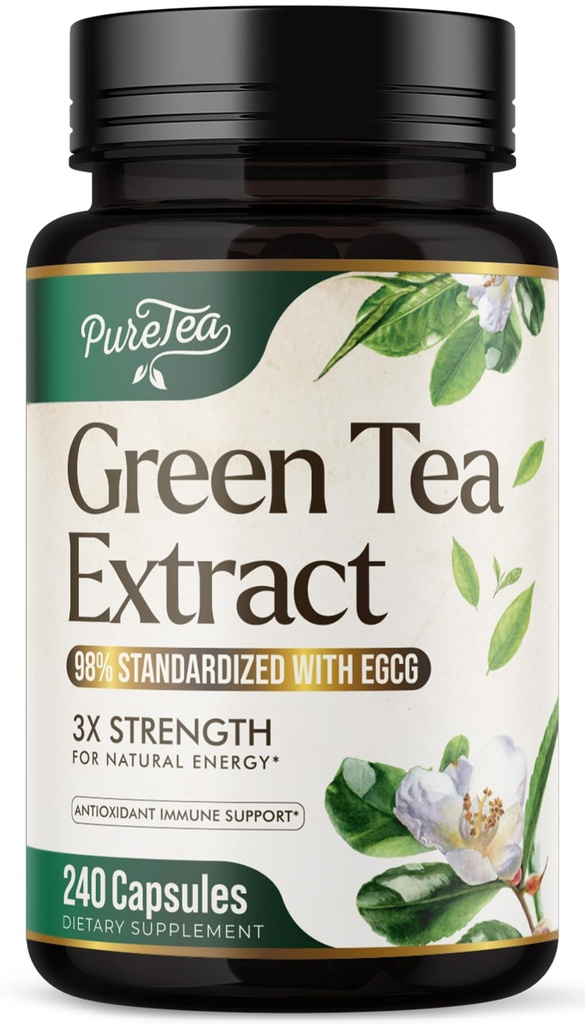 Green Tea Extract 1000mg Per Serving - 98% Polyphenols & 45% EGCG Capsules, Heart Support with Antioxidants - 3X Absorption Green Tea Pills Supplement, Natural Energy, Gentle Caffeine - 240 Capsules