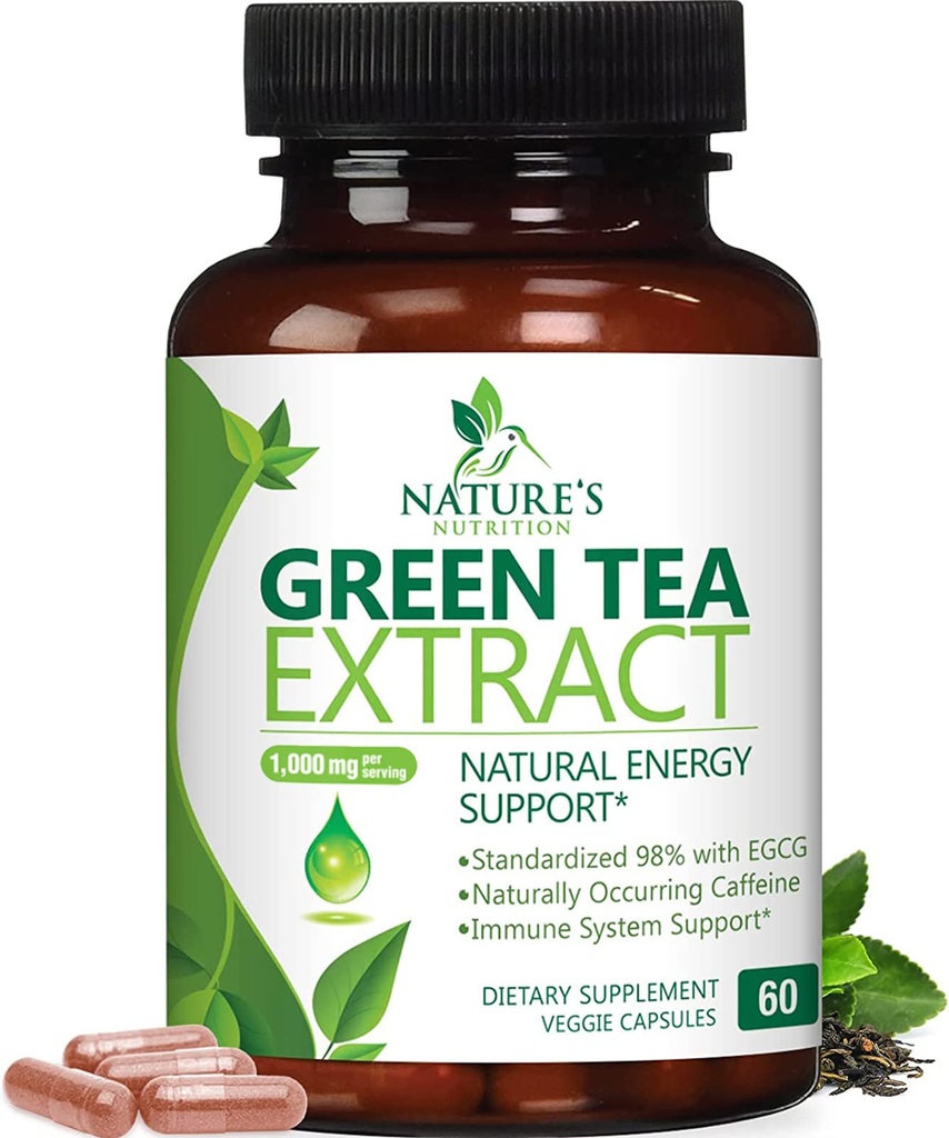 Green Tea Extract Capsules - 3X Strength Green Tea Extract 1000 mg Per Serving Pills with 45% EGCG & 98% Polyphenols for Natural Energy - Antioxidant Herbal Heart Support Supplement - 60 Capsules