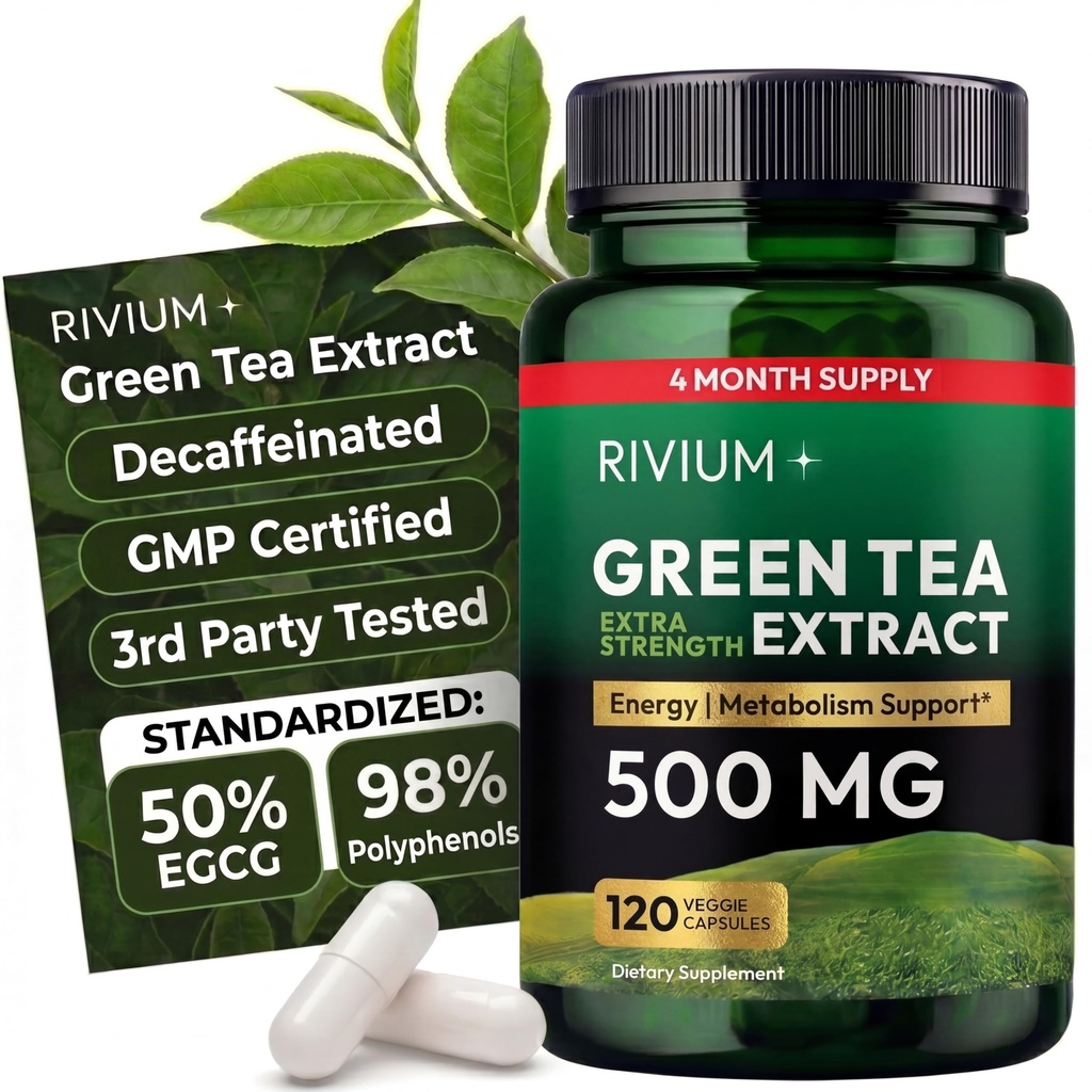 Green Tea Extract (EGCG) 500 mg – Decaffeinated Herbal Antioxidant Supplement – Supports Metabolism, Energy & Daily Wellness – 120 Vegan Capsules, Non-GMO