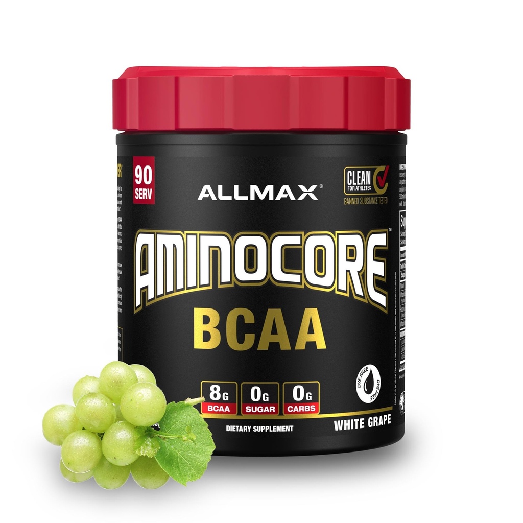 ALLMAX AMINOCORE BCAA Powder for Workout Muscle Recovery & Increased Endurance - Sugar Free, No Fillers 8.18 Grams Bcaas Amino Acids, B Vitamins for Women and Men- 90 Servings | White Grape, 1035g