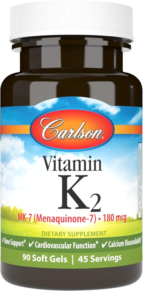 Carlson - Βιταμίνη K2 MK-7 (Μενακινόνη), 180 mcg, Οστική Υποστήριξη, Βιοδιαθεσιμότητα ασβεστίου, K2 Βιταμίνη, Βιταμίνη K-2, 90 Softgels