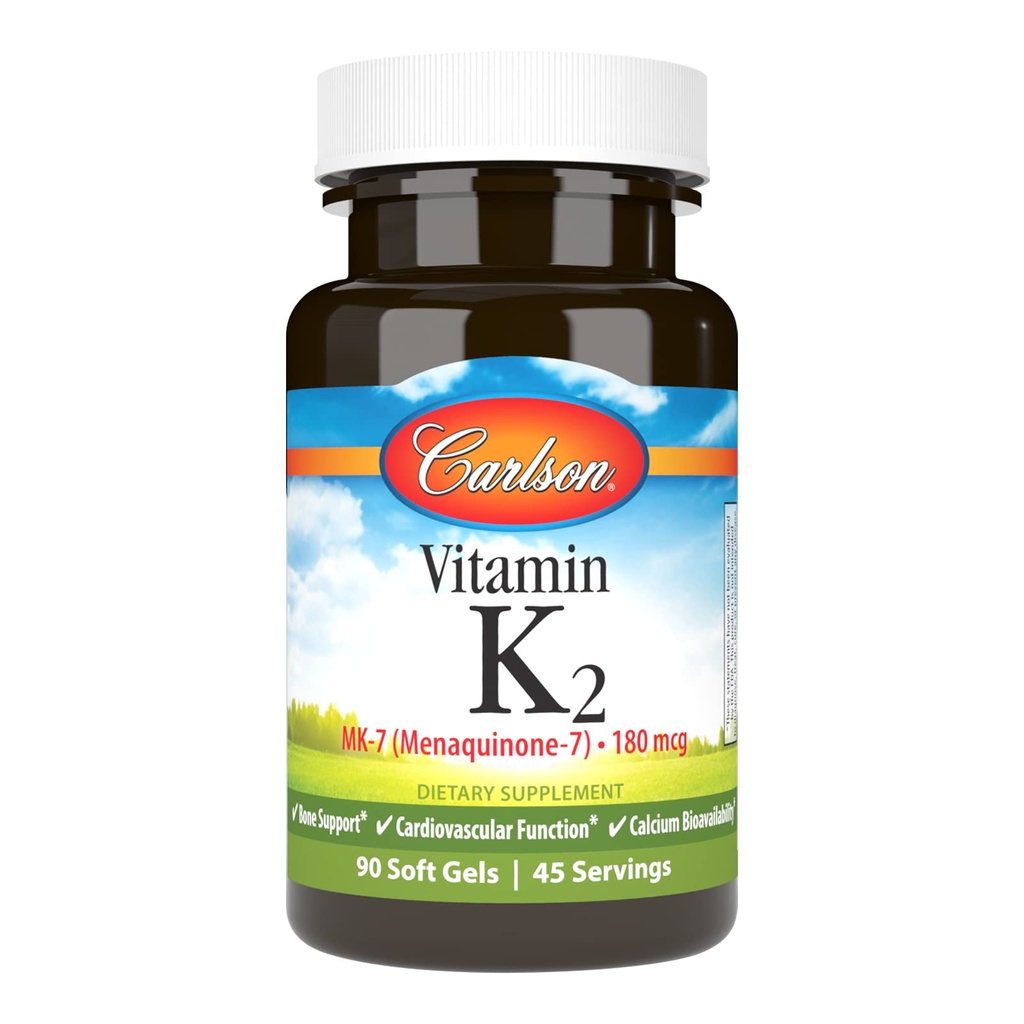 Carlson - Βιταμίνη K2 MK-7 (Μενακινόνη), 180 mcg, Οστική Υποστήριξη, Βιοδιαθεσιμότητα ασβεστίου, K2 Βιταμίνη, Βιταμίνη K-2, 90 Softgels