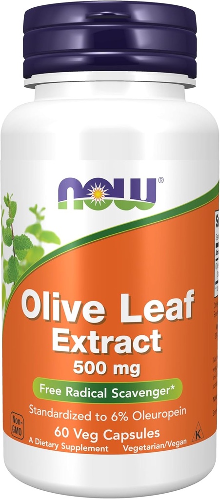NOW Συμπληρώματα Τροφίμων, εκχύλισμα Olive Leaf 500 mg, Free Radical Scavenger*, 60 κάψουλες Veg