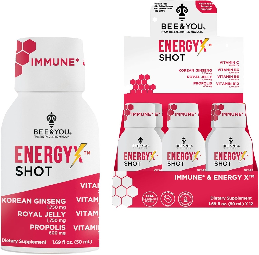 Bee and You Energy X Shot, 12 Pack, Κορεάτικο Red Ginseng, Royal Jelly, Propolis, Caffeine Free Energy Drink, Βιταμίνη C, B3, B6, B12, συμπλήρωμα υποστήριξης του ανοσοποιητικού, Αντιοξειδωτικά, Ρόδι Γεύση