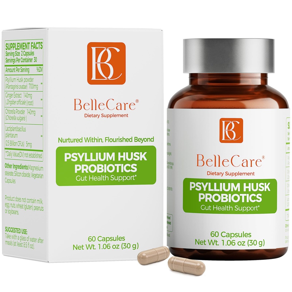 BELLECARE 700mg Psyllium Husk Per Serving Capsules with Probiotic, 60 Capsules, Daily Fiber Supplement for Digestive & Gut Support