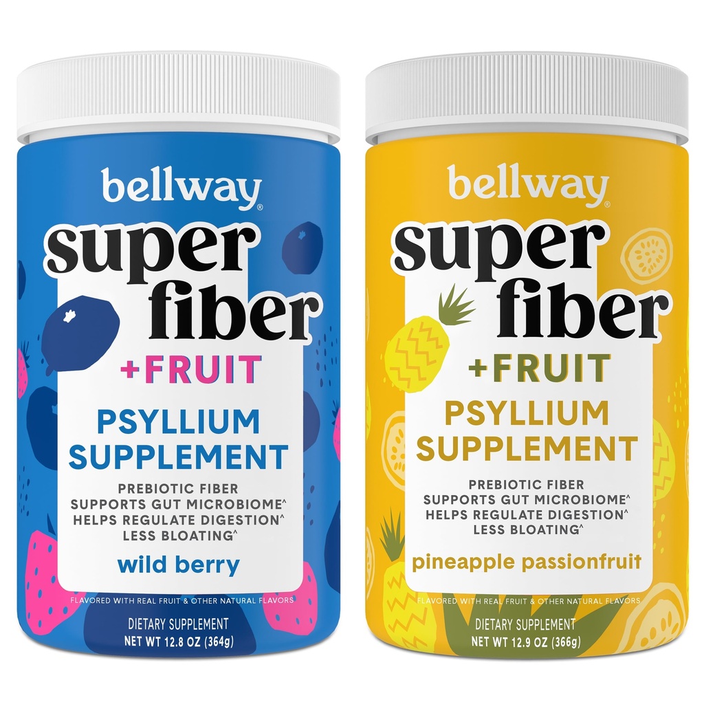 Bellway Super Fiber Powder + Fruit, Sugar Free Organic Psyllium Husk Powder Fiber Supplement for Regularity, Bloating Relief & Gut Health, Non-GMO, Wild Berry & Pineapple Passion Fruit